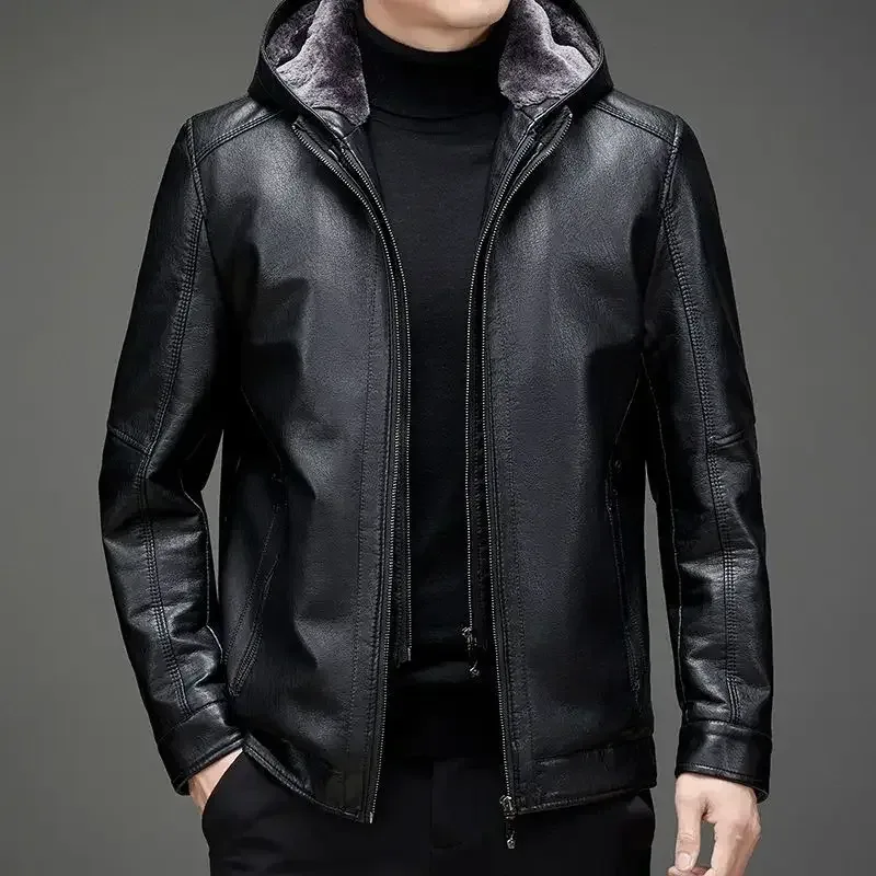 Men’s Genuine Sheepskin Leather Jacket with Fur Collar – Thick Winter Warm Short Coat, Plush Lined Outerwear