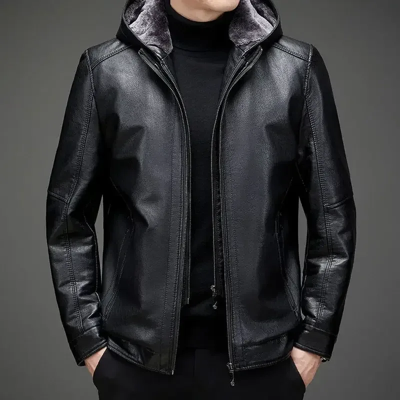Men’s Genuine Sheepskin Leather Jacket with Fur Collar – Thick Winter Warm Short Coat, Plush Lined Outerwear - Image 2