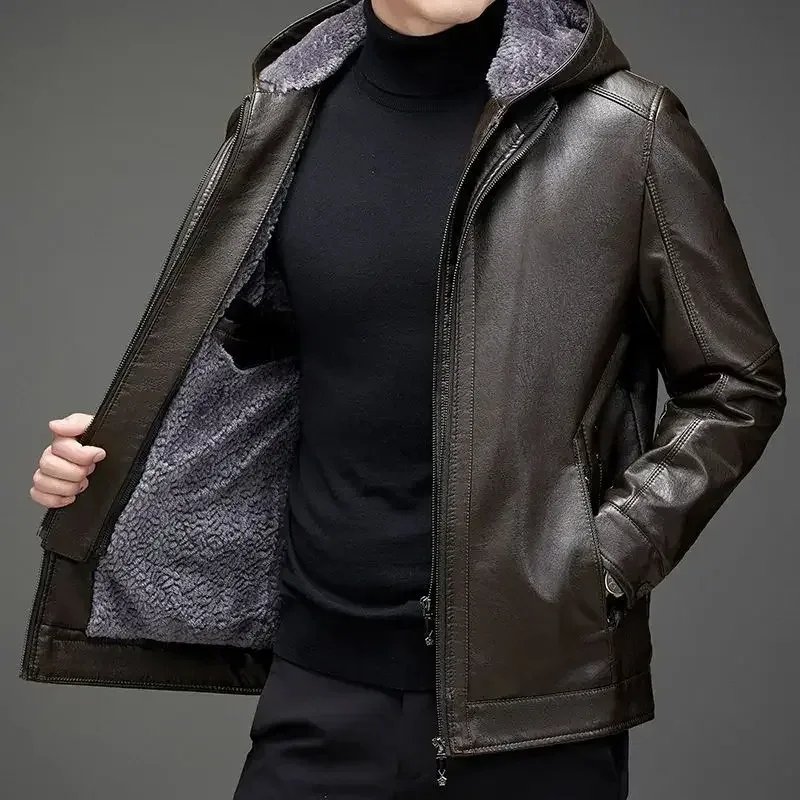 Men’s Genuine Sheepskin Leather Jacket with Fur Collar – Thick Winter Warm Short Coat, Plush Lined Outerwear - Image 5