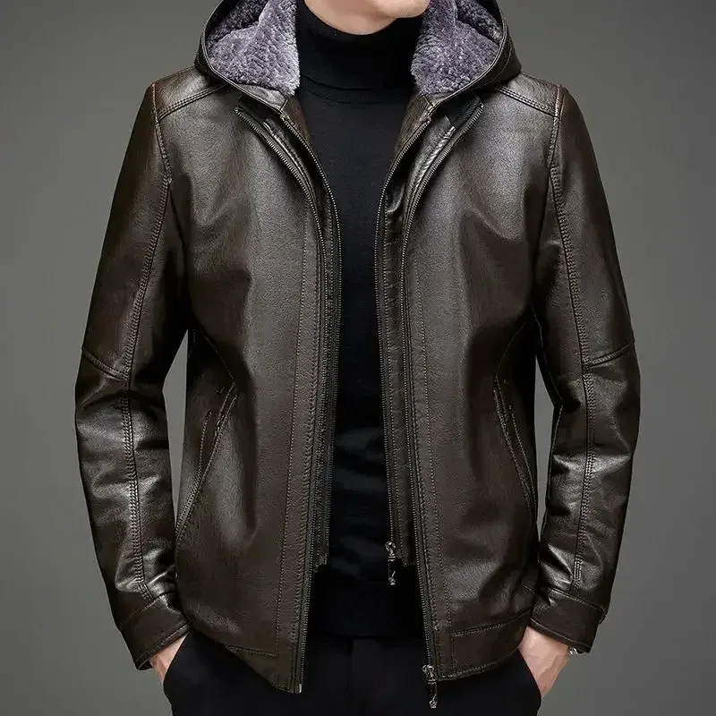 Men’s Genuine Sheepskin Leather Jacket with Fur Collar – Thick Winter Warm Short Coat, Plush Lined Outerwear - Image 4