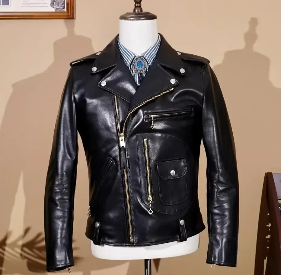 Men’s Retro Classic Rider Genuine Leather Jacket – Italy A-Grade Cowhide J24 Style Biker Coat, Natural Vintage Leather Outerwear - Image 5