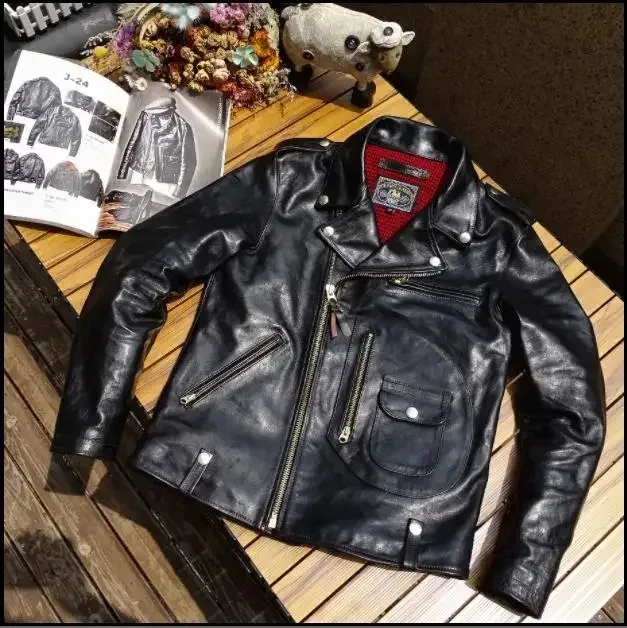 Men’s Retro Classic Rider Genuine Leather Jacket – Italy A-Grade Cowhide J24 Style Biker Coat, Natural Vintage Leather Outerwear
