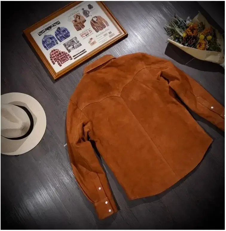 Men’s Luxury Italian Suede Leather Shirt – Retro Western Denim Style 1.0mm Genuine Kid Suede, Classic Natural Leather Casual Wear - Image 4