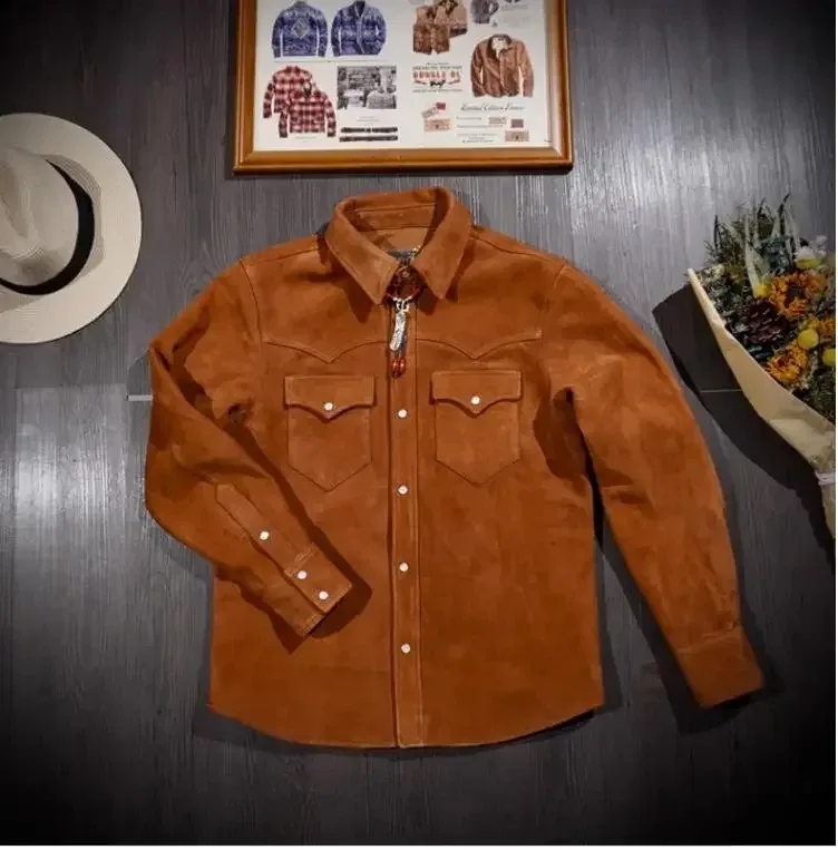 Men’s Luxury Italian Suede Leather Shirt – Retro Western Denim Style 1.0mm Genuine Kid Suede, Classic Natural Leather Casual Wear - Image 6