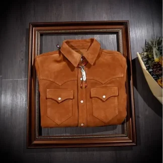 Men’s Luxury Italian Suede Leather Shirt – Retro Western Denim Style 1.0mm Genuine Kid Suede, Classic Natural Leather Casual Wear