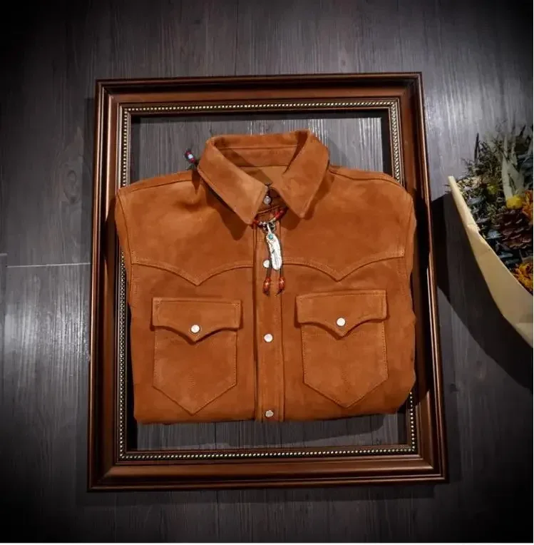 Men’s Luxury Italian Suede Leather Shirt – Retro Western Denim Style 1.0mm Genuine Kid Suede, Classic Natural Leather Casual Wear