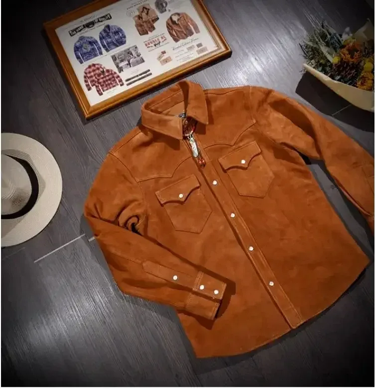Men’s Luxury Italian Suede Leather Shirt – Retro Western Denim Style 1.0mm Genuine Kid Suede, Classic Natural Leather Casual Wear - Image 3