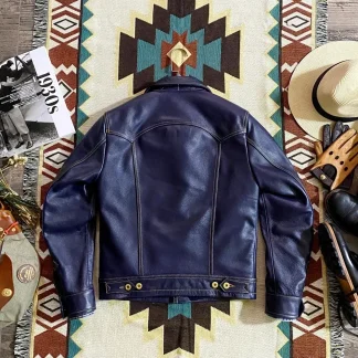 Men’s Blue Genuine Cowhide Leather Jacket – 100% Real Leather, Super Slim Fit, Classic Short Casual Coat, Fashion Outerwear