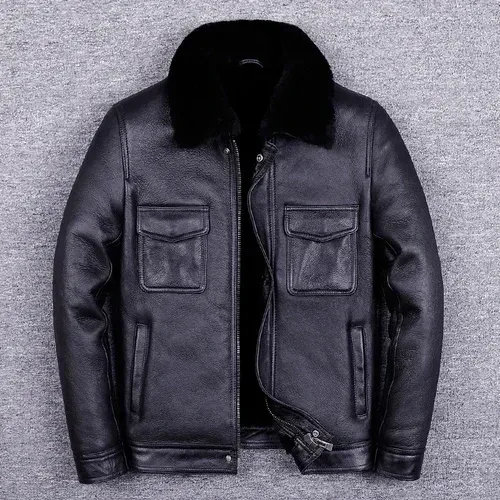 Men’s Real Fur Leather Motorcycle Jacket – Winter Warm Genuine Sheepskin Coat with Natural Fur Lining, Classic Biker Style, Manteau Homme - Image 6