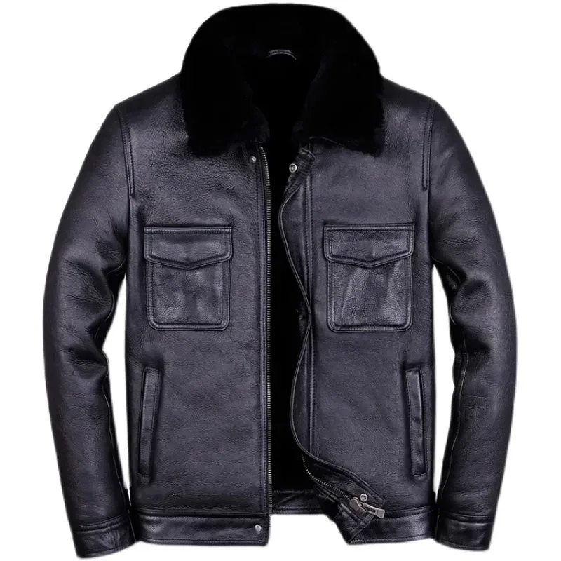 Men’s Real Fur Leather Motorcycle Jacket – Winter Warm Genuine Sheepskin Coat with Natural Fur Lining, Classic Biker Style, Manteau Homme - Image 5