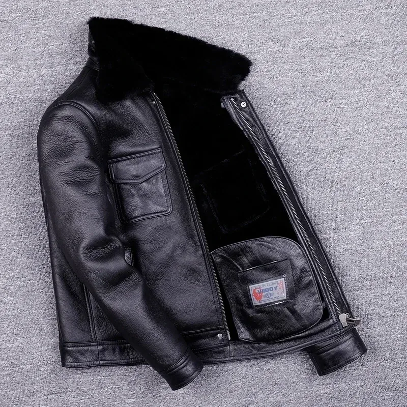 Men’s Real Fur Leather Motorcycle Jacket – Winter Warm Genuine Sheepskin Coat with Natural Fur Lining, Classic Biker Style, Manteau Homme - Image 3