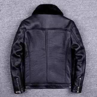 Men’s Real Fur Leather Motorcycle Jacket – Winter Warm Genuine Sheepskin Coat with Natural Fur Lining, Classic Biker Style, Manteau Homme