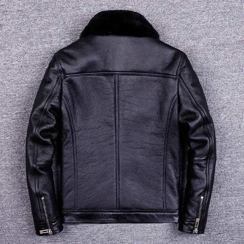 Men’s Real Fur Leather Motorcycle Jacket – Winter Warm Genuine Sheepskin Coat with Natural Fur Lining, Classic Biker Style, Manteau Homme