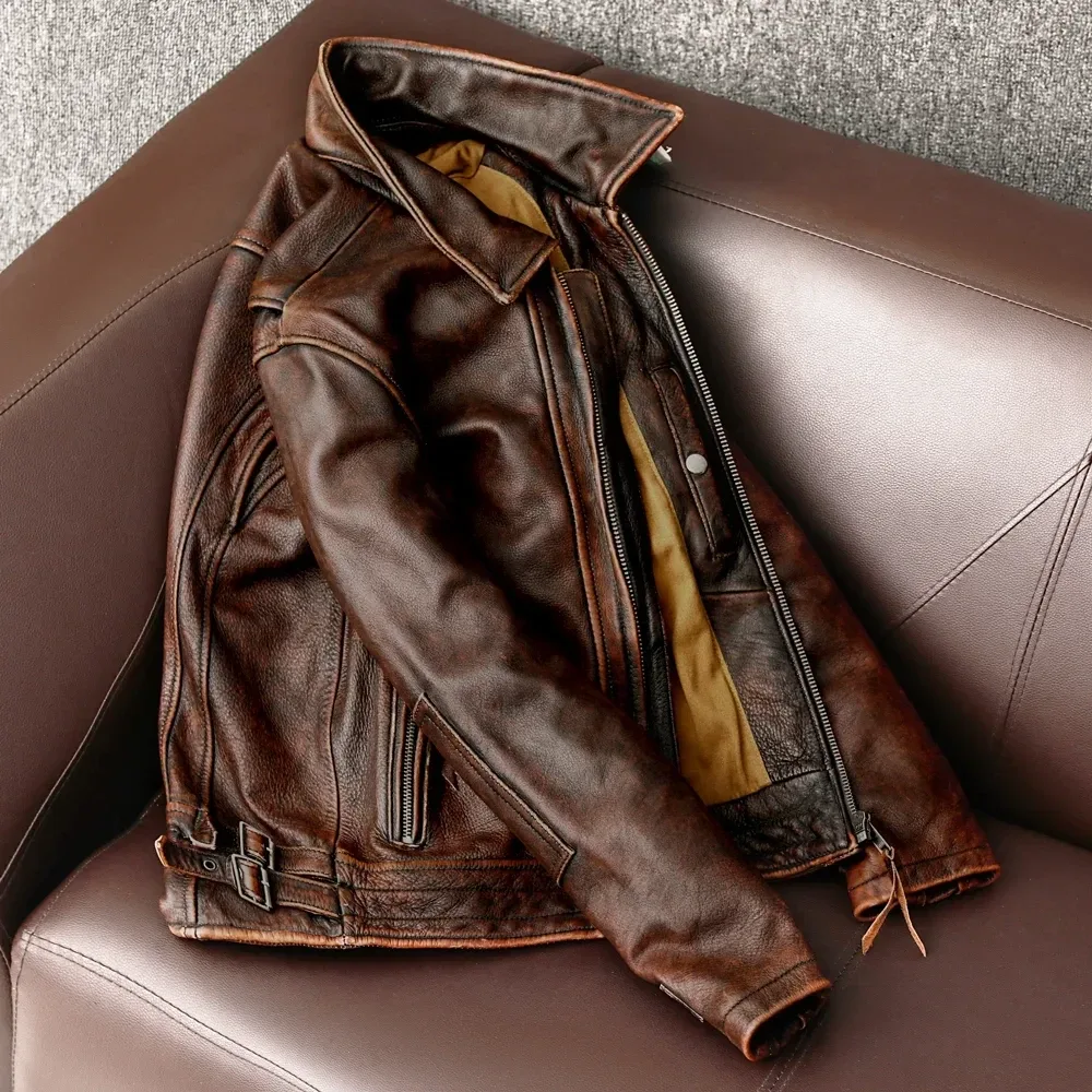 Men’s Vintage Brown Genuine Cowhide Leather Jacket – Slim Fit Classic Biker Coat, Retro Style, Asian Size up to 6XL, Factory Direct Drop Shipping - Image 2