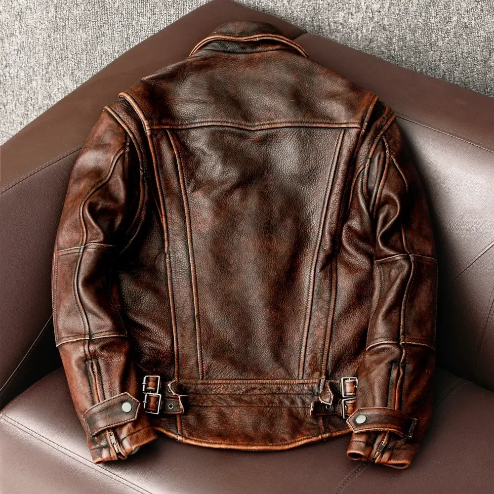 Men’s Vintage Brown Genuine Cowhide Leather Jacket – Slim Fit Classic Biker Coat, Retro Style, Asian Size up to 6XL, Factory Direct Drop Shipping - Image 5