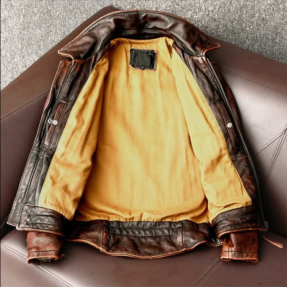Men’s Vintage Brown Genuine Cowhide Leather Jacket – Slim Fit Classic Biker Coat, Retro Style, Asian Size up to 6XL, Factory Direct Drop Shipping - Image 3