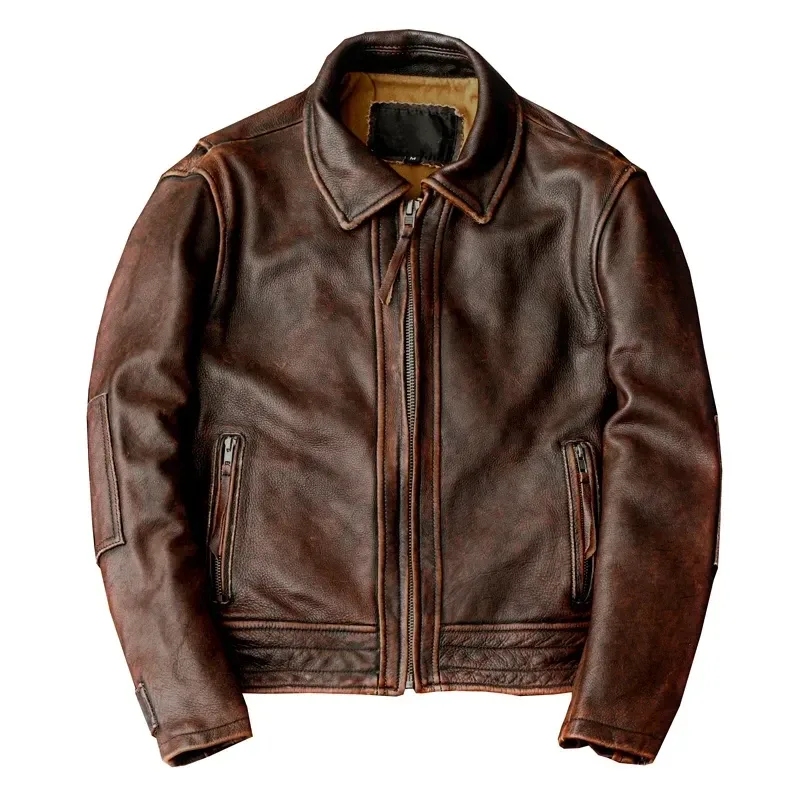Men’s Vintage Brown Genuine Cowhide Leather Jacket – Slim Fit Classic Biker Coat, Retro Style, Asian Size up to 6XL, Factory Direct Drop Shipping - Image 4