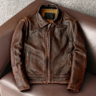 Men’s Vintage Brown Genuine Cowhide Leather Jacket – Slim Fit Classic Biker Coat, Retro Style, Asian Size up to 6XL, Factory Direct Drop Shipping