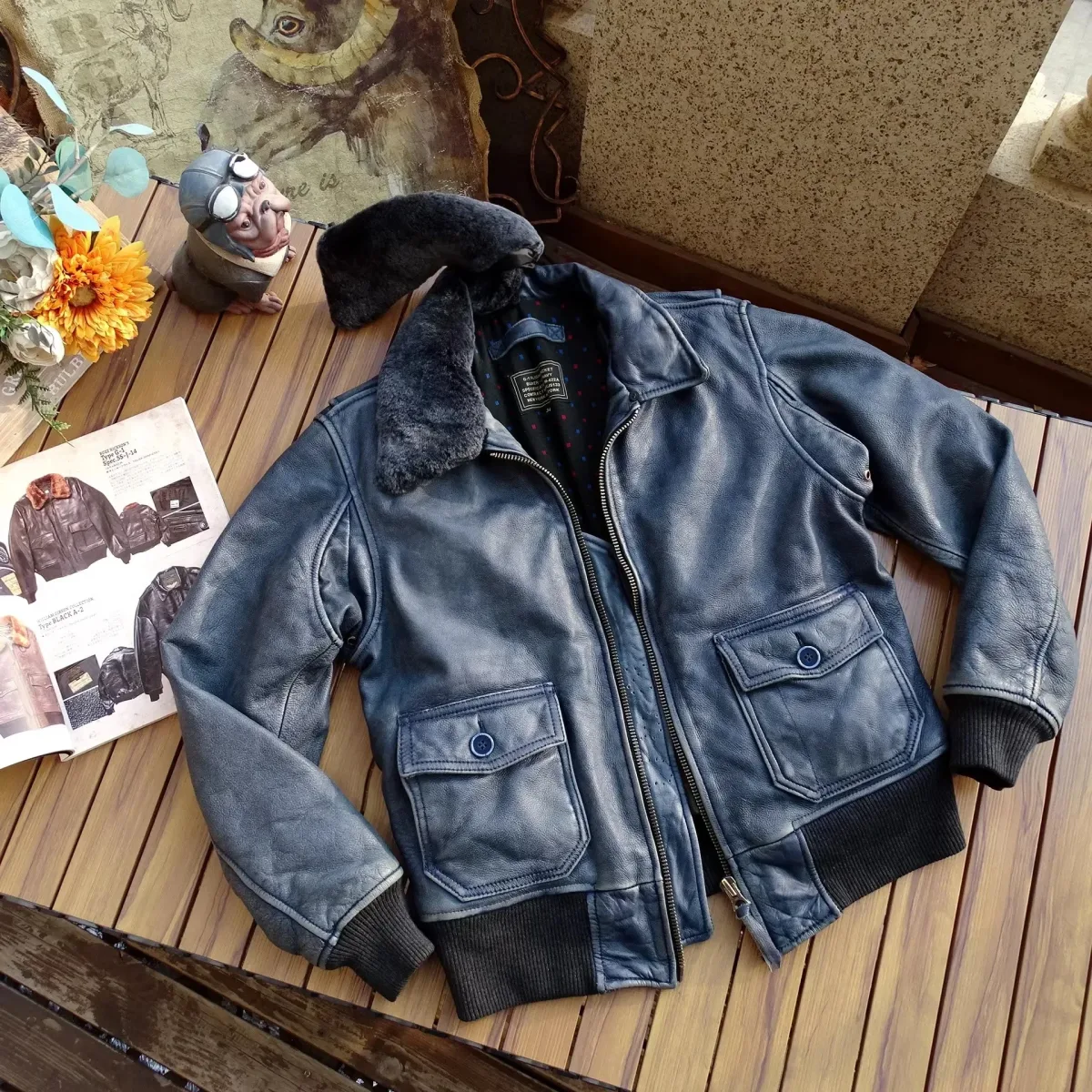 Men’s Vintage Indigo Genuine Cowhide Leather Jacket – Classic Air Force G1 Pilot Style, 5XL, Soft Natural Leather Coat, Quality Handmade Wear - Image 6