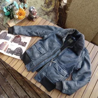 Men’s Vintage Indigo Genuine Cowhide Leather Jacket – Classic Air Force G1 Pilot Style, 5XL, Soft Natural Leather Coat, Quality Handmade Wear