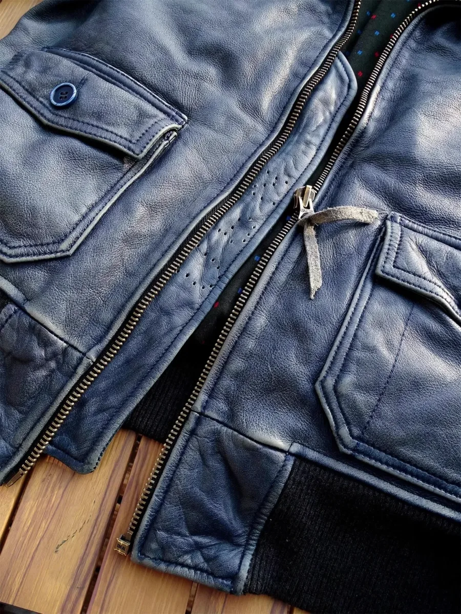 Men’s Vintage Indigo Genuine Cowhide Leather Jacket – Classic Air Force G1 Pilot Style, 5XL, Soft Natural Leather Coat, Quality Handmade Wear - Image 5
