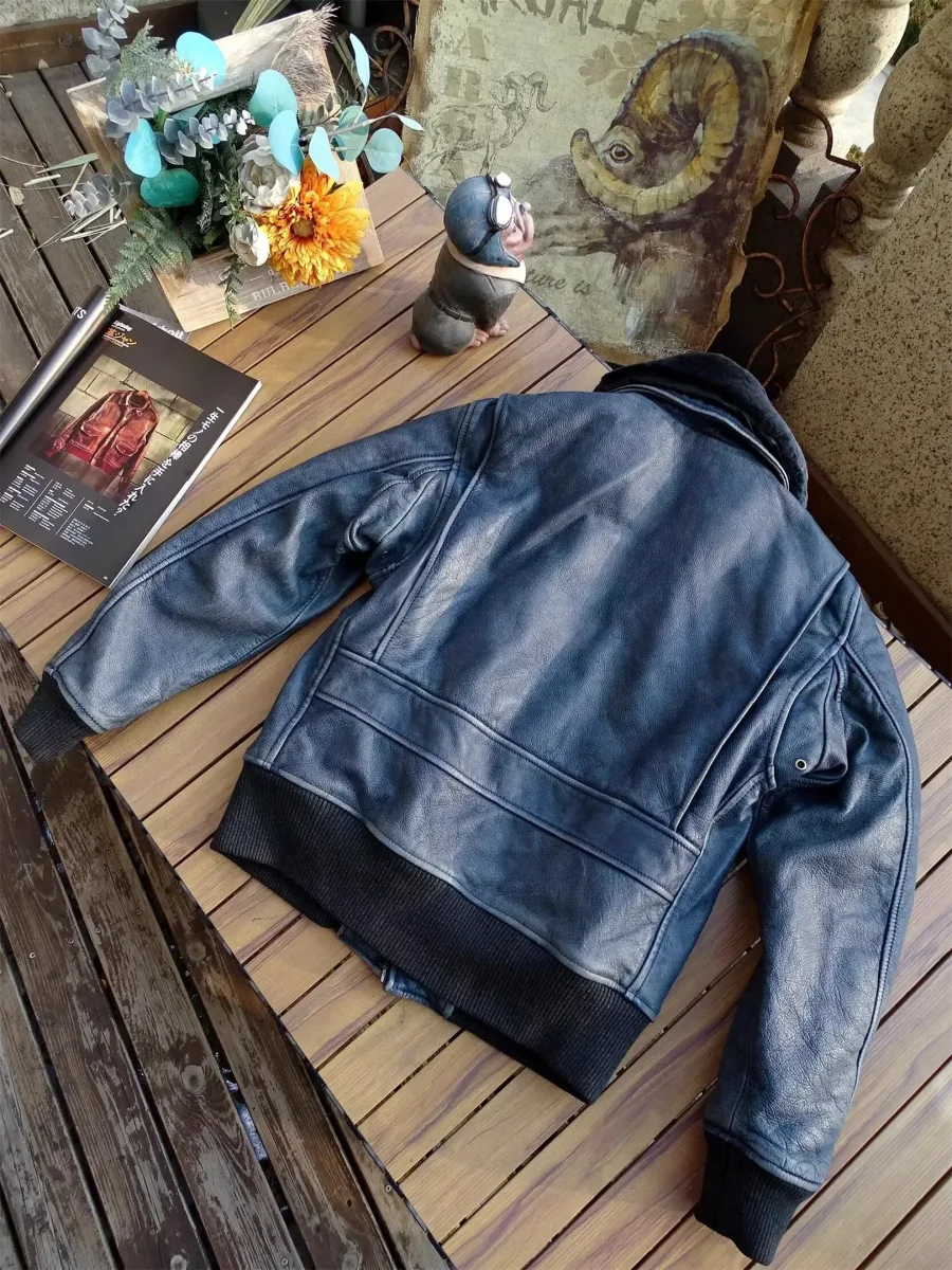 Men’s Vintage Indigo Genuine Cowhide Leather Jacket – Classic Air Force G1 Pilot Style, 5XL, Soft Natural Leather Coat, Quality Handmade Wear - Image 2
