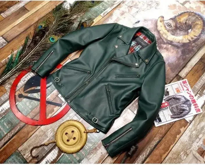 Men’s Vintage Green Cowhide Leather Jacket – Japanese Rider Style Soft Genuine Leather Coat, Thick Natural Leather Outerwear for Men - Image 2