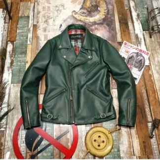 Men’s Vintage Green Cowhide Leather Jacket – Japanese Rider Style Soft Genuine Leather Coat, Thick Natural Leather Outerwear for Men