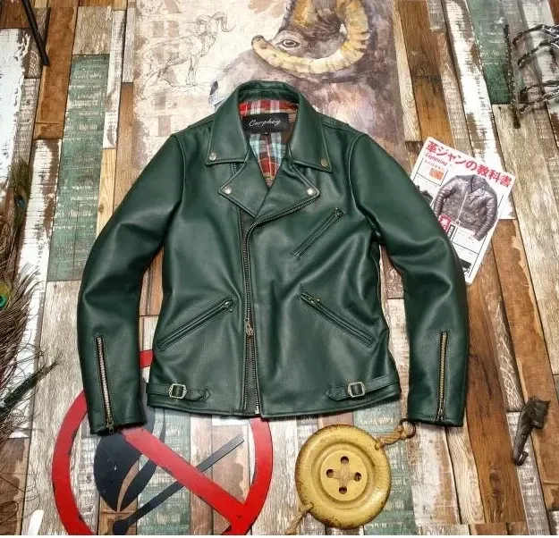 Men’s Vintage Green Cowhide Leather Jacket – Japanese Rider Style Soft Genuine Leather Coat, Thick Natural Leather Outerwear for Men