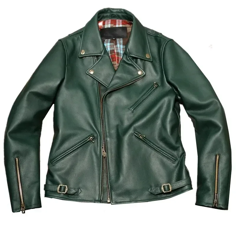 Men’s Vintage Green Cowhide Leather Jacket – Japanese Rider Style Soft Genuine Leather Coat, Thick Natural Leather Outerwear for Men - Image 6