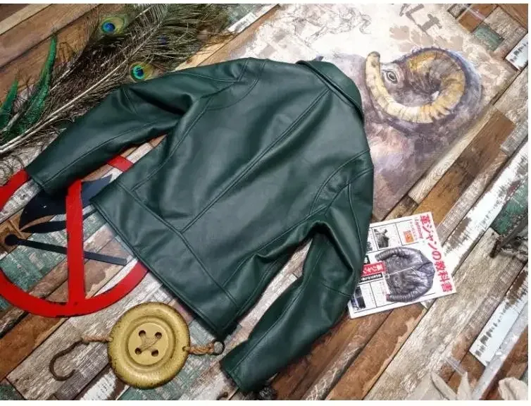 Men’s Vintage Green Cowhide Leather Jacket – Japanese Rider Style Soft Genuine Leather Coat, Thick Natural Leather Outerwear for Men - Image 3
