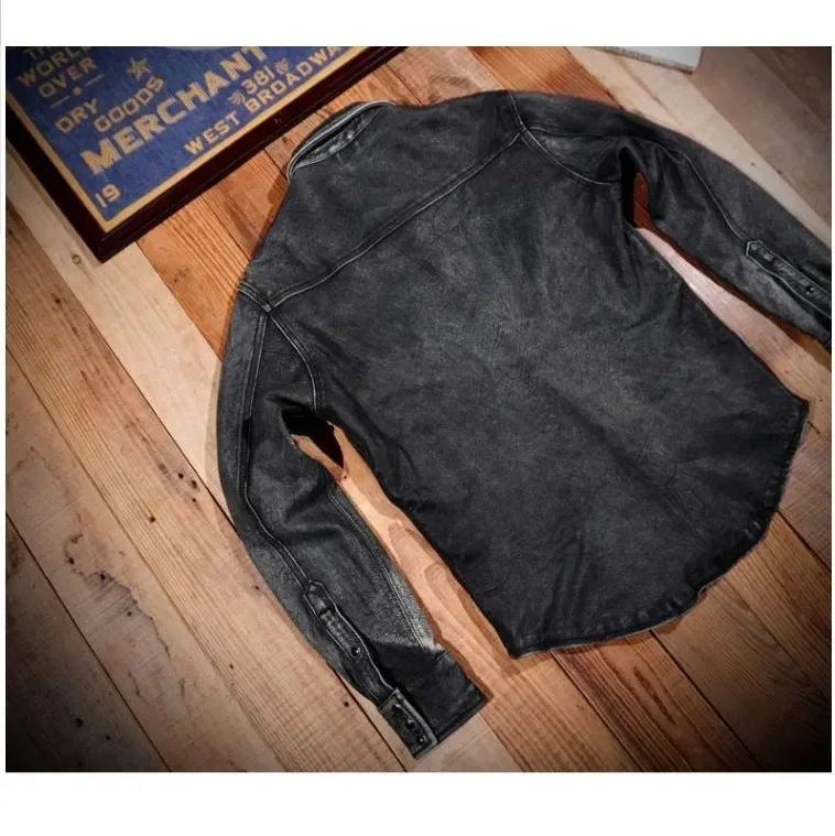 New Luxury Heavy Washed Gray Goatskin Leather Jacket – Vintage Western Slim Fit Soft Genuine Leather T-Shirt Style Coat for Men - Image 4