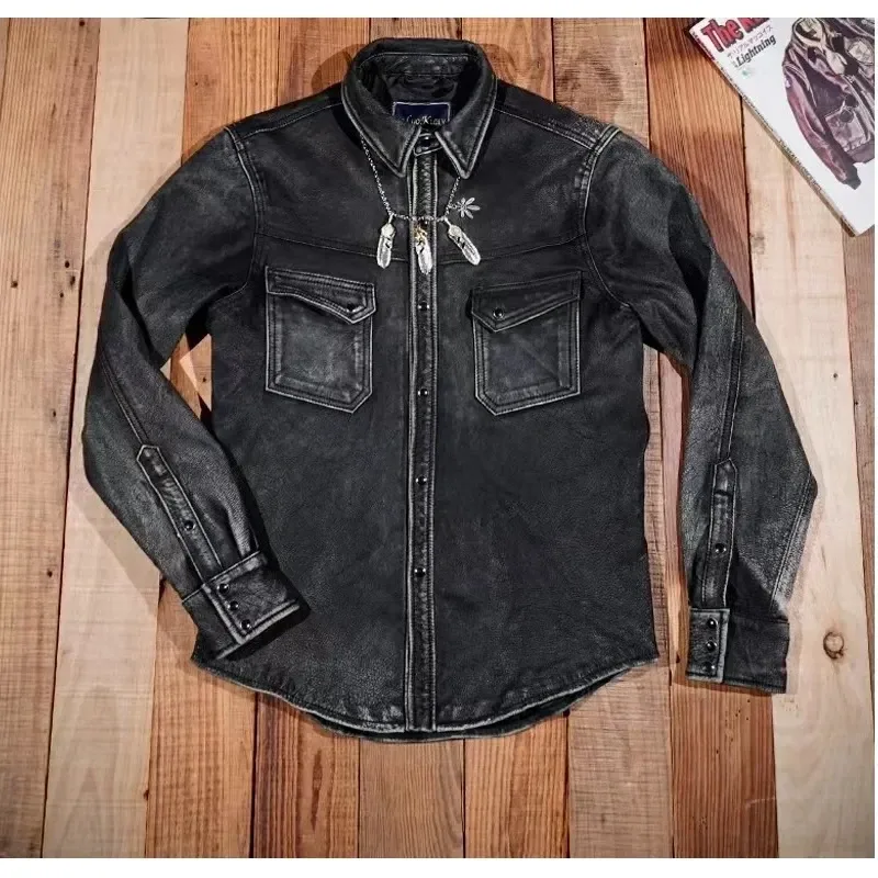 New Luxury Heavy Washed Gray Goatskin Leather Jacket – Vintage Western Slim Fit Soft Genuine Leather T-Shirt Style Coat for Men - Image 5