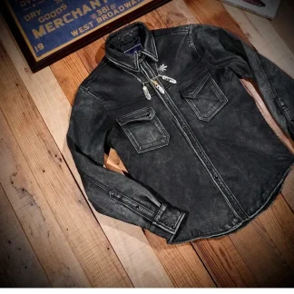New Luxury Heavy Washed Gray Goatskin Leather Jacket – Vintage Western Slim Fit Soft Genuine Leather T-Shirt Style Coat for Men