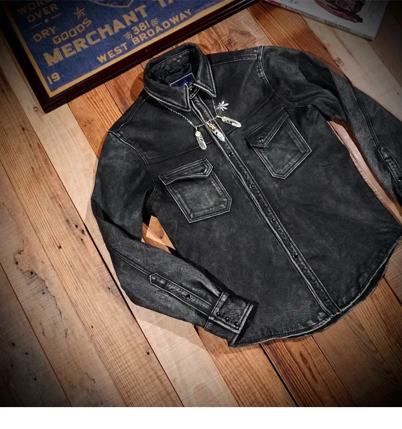 New Luxury Heavy Washed Gray Goatskin Leather Jacket – Vintage Western Slim Fit Soft Genuine Leather T-Shirt Style Coat for Men