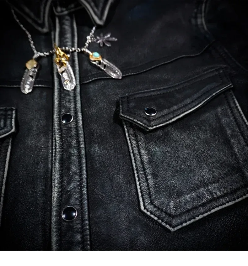 New Luxury Heavy Washed Gray Goatskin Leather Jacket – Vintage Western Slim Fit Soft Genuine Leather T-Shirt Style Coat for Men - Image 3