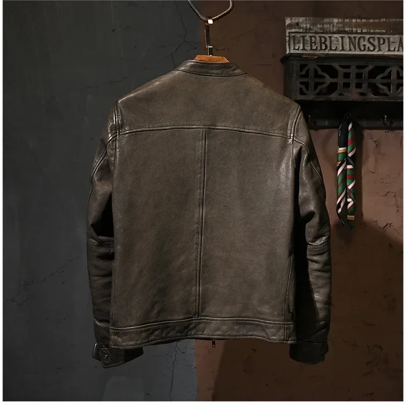 Men’s Luxury Vintage Genuine Leather Jacket – Heavy Tanned Sheepskin Coat, Slim Fit Korean Style Fashion Outerwear - Image 4