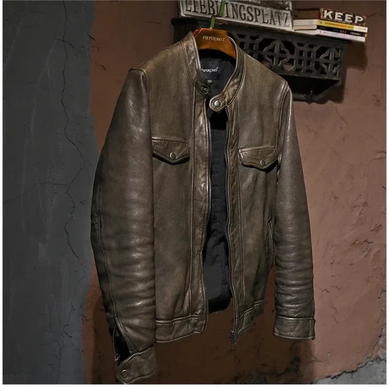 Men’s Luxury Vintage Genuine Leather Jacket – Heavy Tanned Sheepskin Coat, Slim Fit Korean Style Fashion Outerwear - Image 2