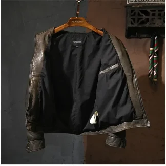 Men’s Luxury Vintage Genuine Leather Jacket – Heavy Tanned Sheepskin Coat, Slim Fit Korean Style Fashion Outerwear