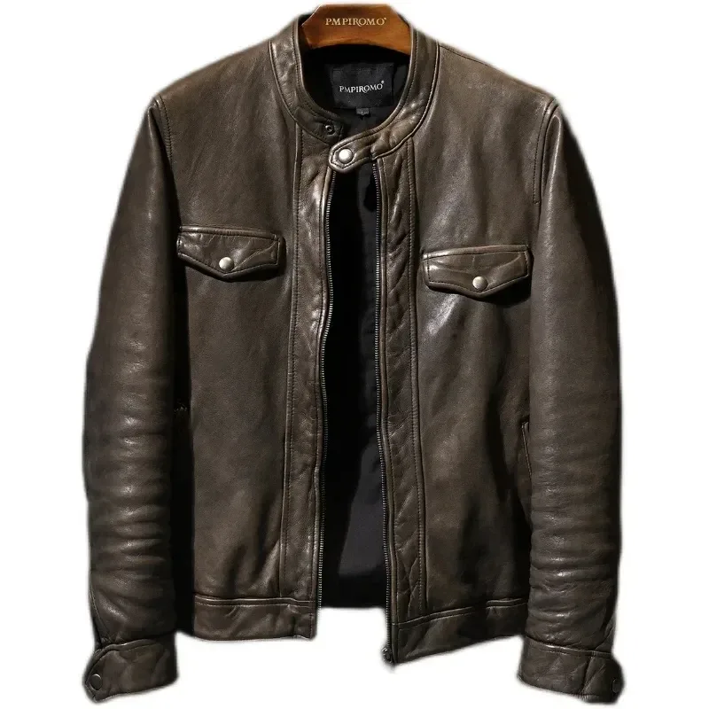 Men’s Luxury Vintage Genuine Leather Jacket – Heavy Tanned Sheepskin Coat, Slim Fit Korean Style Fashion Outerwear - Image 5