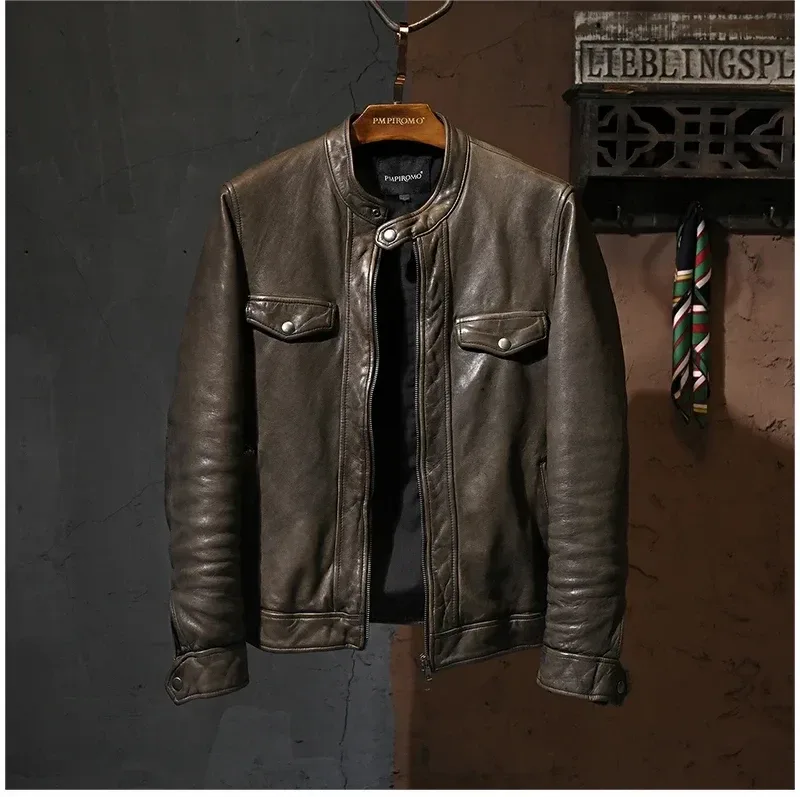 Men’s Luxury Vintage Genuine Leather Jacket – Heavy Tanned Sheepskin Coat, Slim Fit Korean Style Fashion Outerwear - Image 3