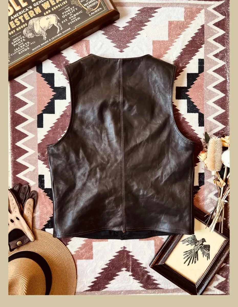 Men’s Japanese Vintage Leather Vest – Slim Fit Cowhide Workwear Vest, 1910s Classic Casual Genuine Leather Waistcoat - Image 2