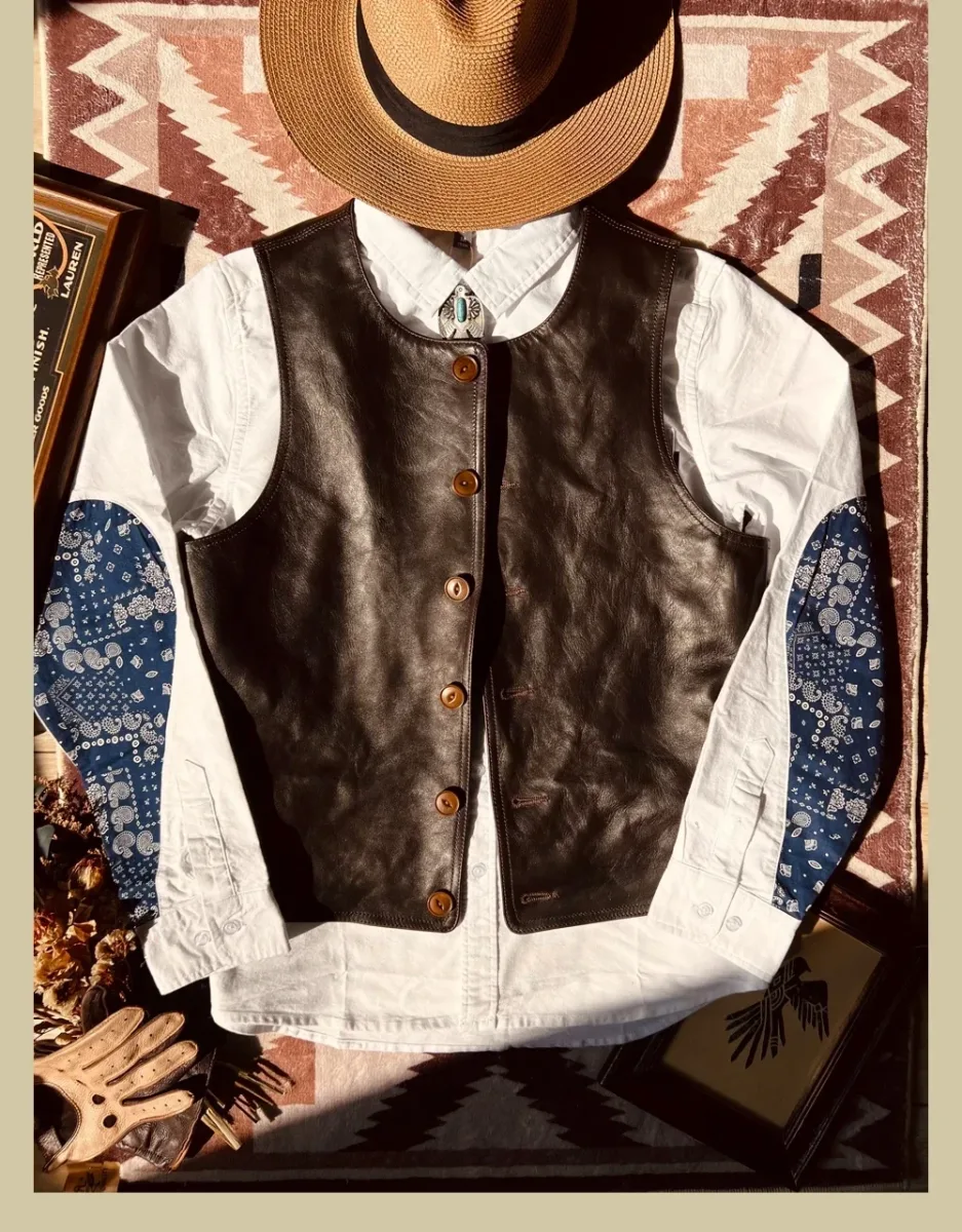 Men’s Japanese Vintage Leather Vest – Slim Fit Cowhide Workwear Vest, 1910s Classic Casual Genuine Leather Waistcoat