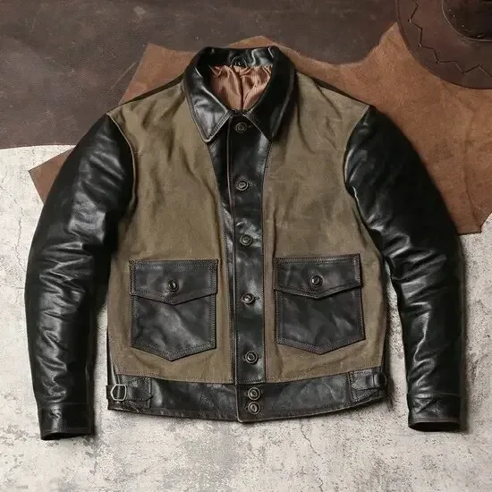 Men’s Plus Size Real Leather Jacket – Vintage Slim Fit Horsehide Coat, Lightweight Oil Canvas Workwear Style Spring Chaqueta de Cuero - Image 5