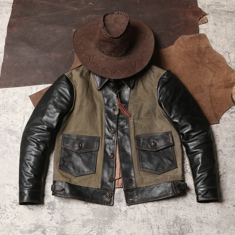 Men’s Plus Size Real Leather Jacket – Vintage Slim Fit Horsehide Coat, Lightweight Oil Canvas Workwear Style Spring Chaqueta de Cuero - Image 3