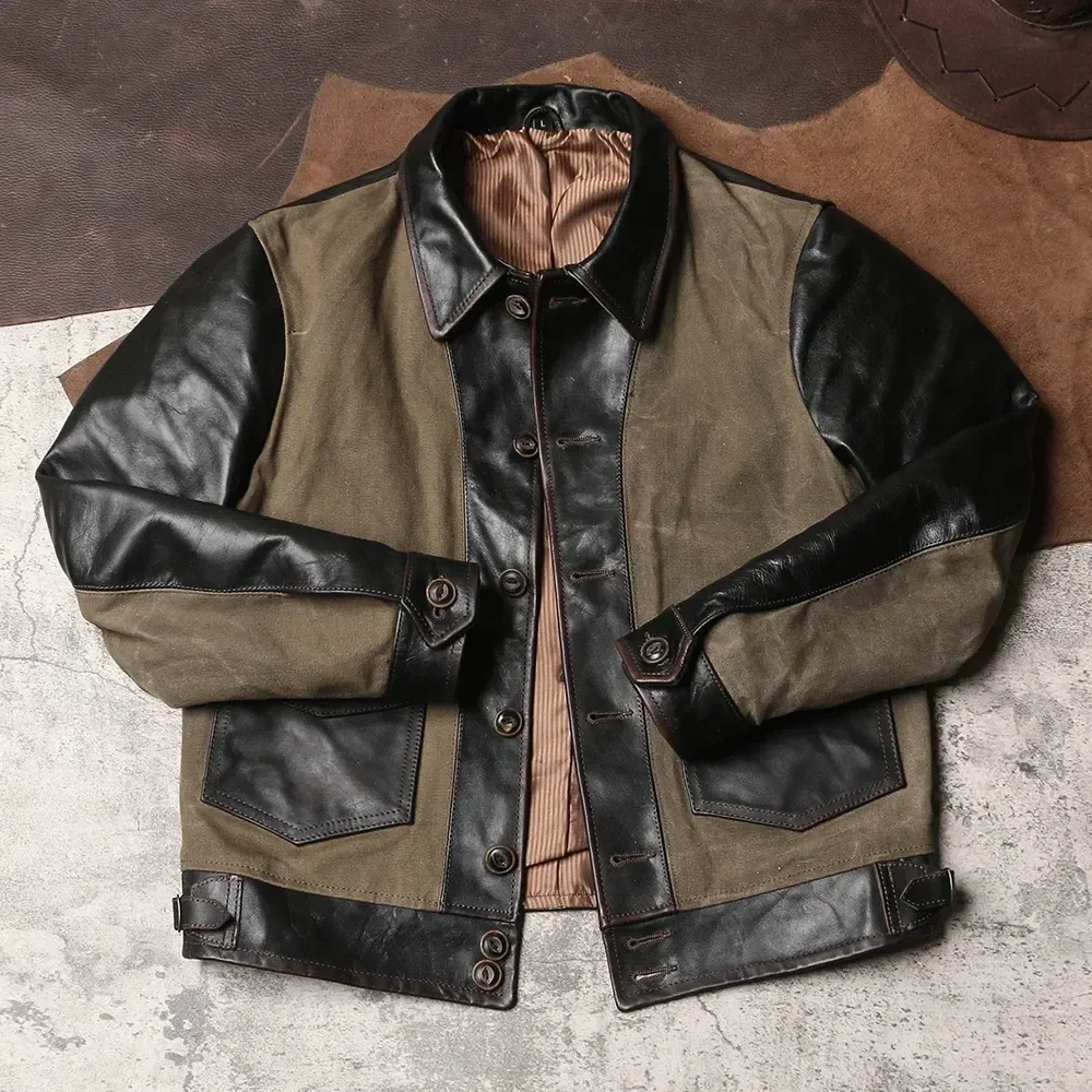 Men’s Plus Size Real Leather Jacket – Vintage Slim Fit Horsehide Coat, Lightweight Oil Canvas Workwear Style Spring Chaqueta de Cuero - Image 2