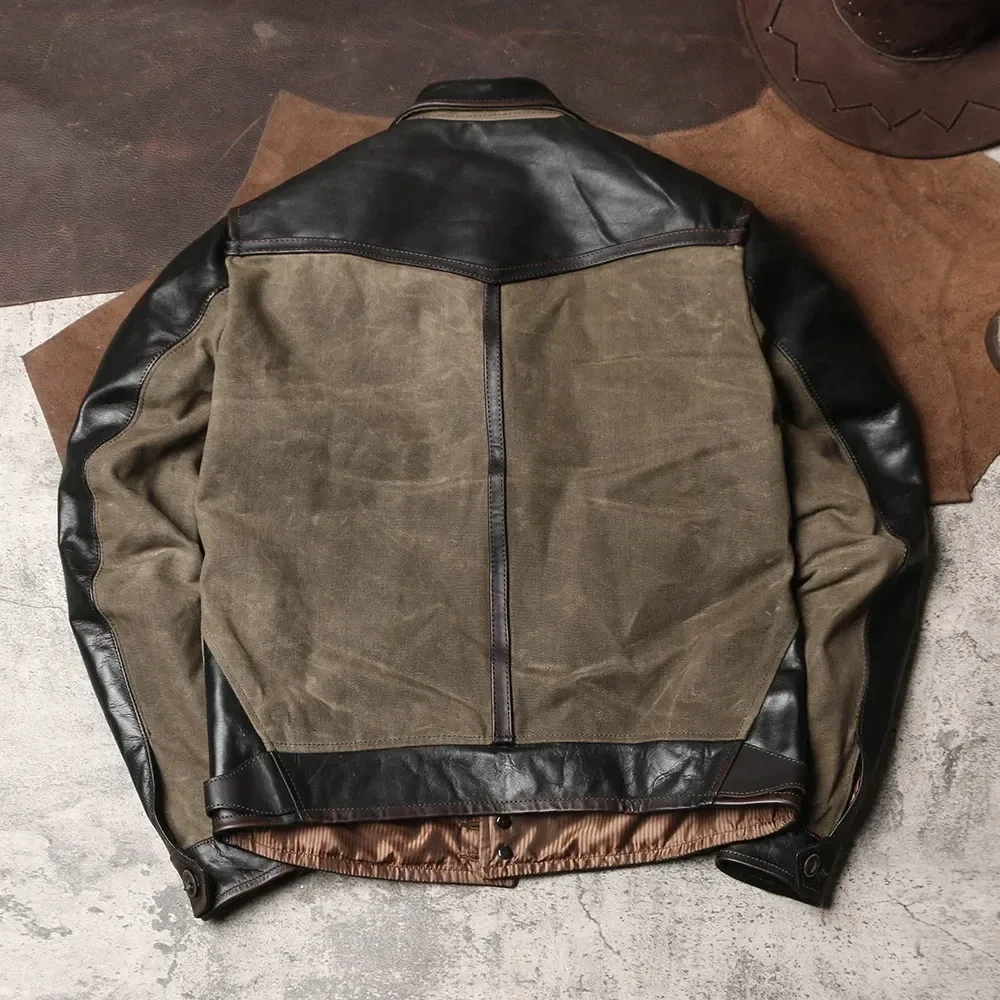 Men’s Plus Size Real Leather Jacket – Vintage Slim Fit Horsehide Coat, Lightweight Oil Canvas Workwear Style Spring Chaqueta de Cuero - Image 4