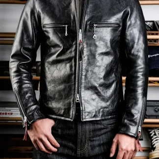 Men’s 1950s J-100 Tea Core Horsehide Leather Jacket – Vintage Racing Genuine Cowhide Coat, Classic Moto Style
