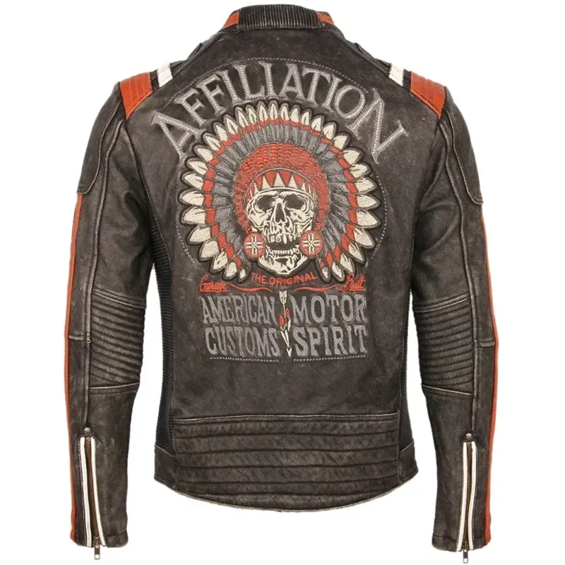 Men’s Vintage Embroidered Skull Motorcycle Leather Jacket – 100% Real Cowhide Biker Coat, Winter Moto Riding Jacket M220 - Image 5