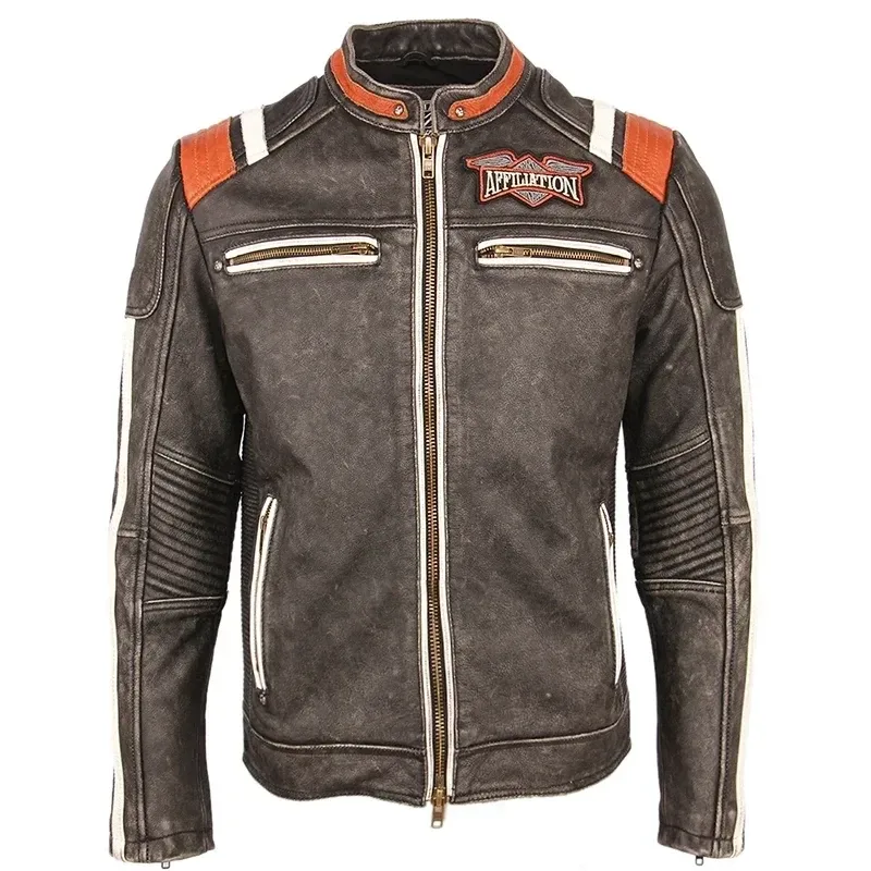 Men’s Vintage Embroidered Skull Motorcycle Leather Jacket – 100% Real Cowhide Biker Coat, Winter Moto Riding Jacket M220